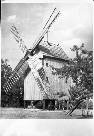 Neschwitz-Saritsch. Bockwindmühle (1733, 1952/1953 Restaurierung). Ansicht der Flügelseite