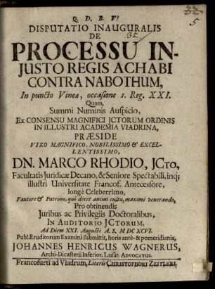 Disp. inaug. de processu iniusto regis Achabi contra Nabothum