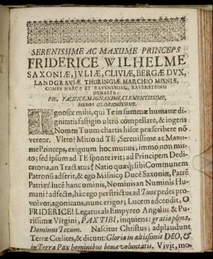 Serenissime Ac Maxume Princeps Friderice Wilhelme Saxoniæ, Juliæ, Cliviæ, Bergæ Dux [...]