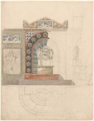 Thiersch, Friedrich von; Wiesbaden; Kurhaus - Muschelsaal (Teilgrundriss, Teilansicht, Schnitt)
