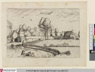 [Country Houses, couple and corn-field in the foreground; Landhaus, davor Paare und ein Getreidefeld]