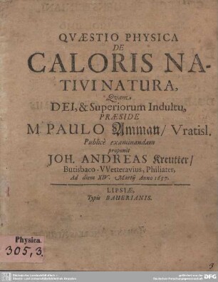 Quaestio Physica De Caloris Nativi Natura