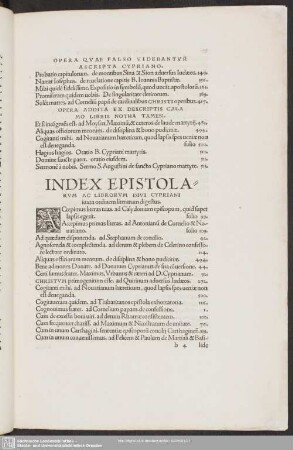 Index Epistolarum Ac Librorum Divi Cypriani iuxta ordinem literarum digestus