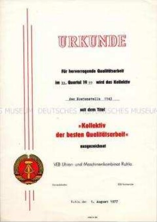 Urkunde zur Auszeichnung "Kollektiv der besten Qualitätsarbeit"