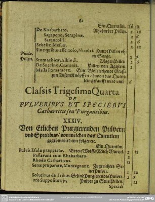Classis Trigesima Quarta. De Pulveribus Et Speciebus Catharticis seu Purgantibus