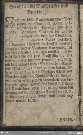 Bericht an die Buchdrucker und Buchbinder