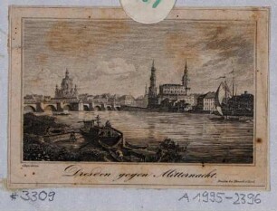 Stadtansicht von Dresden, Blick von der rechten Elbseite auf die Altstadt nach Südost, im Vordergrund Arbeiter mit ihren Booten