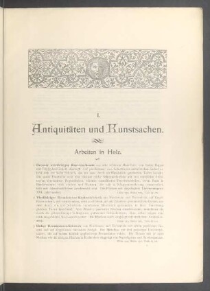 I. Antiquitäten und Kunstsachen.