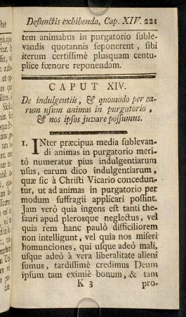 221-271, Caput XIV. De indulgentiis, & quomodo per earum usum animas in purgatorio, & nos ipsos juvare possumus.