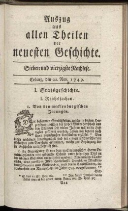 Sieben und vierzigste Nachlese. Coburg, den 22. Nov. 1749.