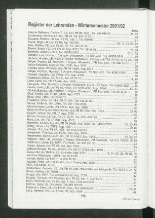 Register der Lehrenden - Wintersemester 2001/02
