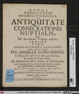 Exercitatio Historico-Ecclesiastica, De Antiquitate Consecrationis Nuptialis
