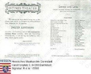 Büchner, Georg, Dr. phil. (1813-1837) / Programm der Münchener Uraufführung des Stückes 'Leonce und Lena' von Georg Büchner