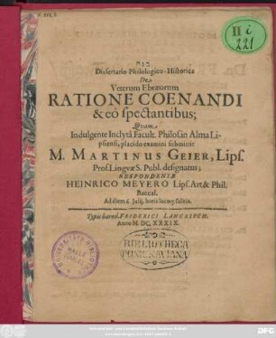 Dissertatio Philologico-Historica De Veterum Ebraeorum Ratione Coenandi & eo spectantibus