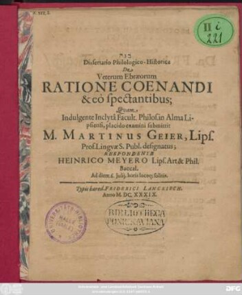 Dissertatio Philologico-Historica De Veterum Ebraeorum Ratione Coenandi & eo spectantibus