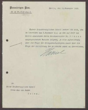 Schreiben von Edgar Haniel von Haimhausen an Prinz Max von Baden; Kriegsschuldfrage und die Ablieferung von Milchkühen