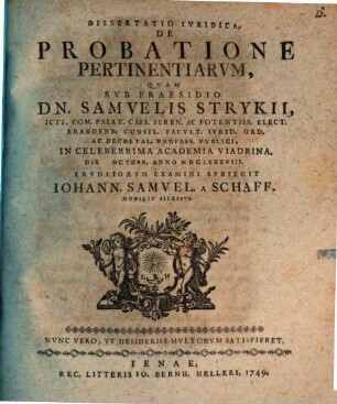 Dissertatio Iuridica, De Probatione Pertinentiarum