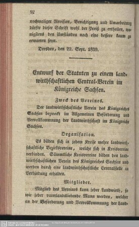 Entwurf der Statuten zu einem landwirthschaftlichen Central-Verein im Königreiche Sachsen