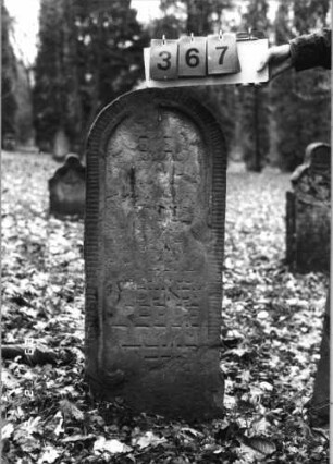 Grabstein 367 (Index: 99752588) Material: Sandstein Zustand: abgeblätt/verwitt. mit fast völl. Textverl Maße HxBxT: 102x41x13 cm Beschreibung: Stele, Rundbogenabschluß, Schriftfeld eingetieft: Grabstein 367