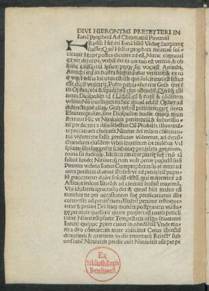 Divi Hieronymi Presbyteri In Ionam Prophetam Ad Chromatium Proemium.