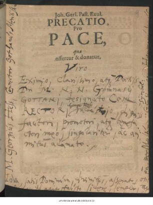 Joh. Gerl. Past. Exul. Precatio, Pro Pace : quae offertur & donatur ...