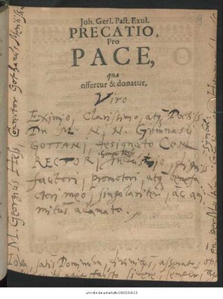 Joh. Gerl. Past. Exul. Precatio, Pro Pace : quae offertur & donatur ...