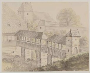 Ansicht eines Dorfes mit Kirche und überdachter Brücke