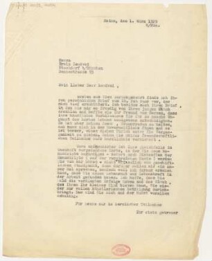 Brief an Erwin Lendvai : 01.03.1929