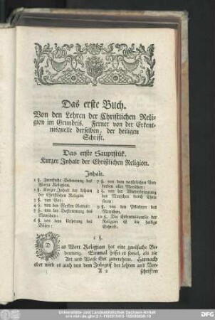 Das erste Hauptstük. Kurzer Inhalt der Christlichen Religion.