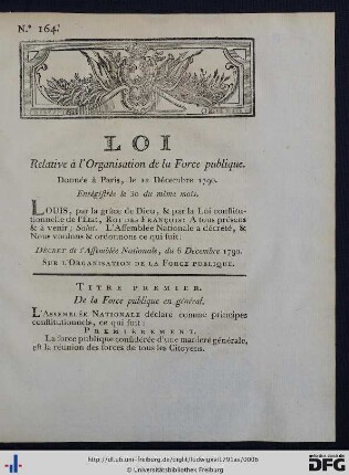 Loi Relative à l'Organisation de la Force publique.