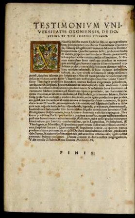 Testimonium Universitatis Oxoniensis, De Doctrina Et Vita Ioannis Wicleff.