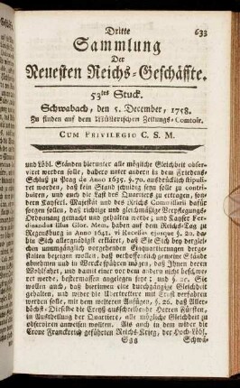 53tes Stuck. Schwabach, den 5. December, 1758.
