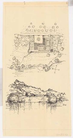 Unzugeordnete Zeichnungen: 2 Skizzen »Auf Neuwirth«, Haus in bergiger Landschaft mit See: Perspektivische Ansicht, Grundriss