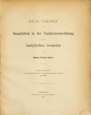 Neue Theorie des Imaginären in der Funktionenrechnung und der Analytischen Geometrie