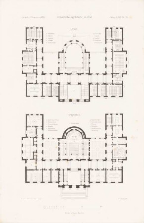 Hauptgebäude der Christian-Albrechts-Universität Kiel: Grundriss EG, 1.OG (aus: Atlas zur Zeitschrift für Bauwesen, hrsg. v. G. Erbkam, Jg. 34, 1884)