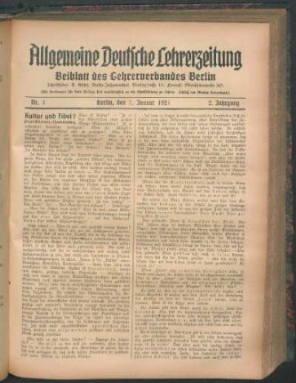 Beiblatt des Lehrerverbandes Berlin. - 2.1921, Nr. 1