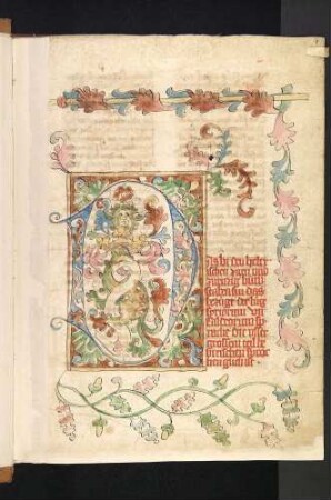 D-Initiale mit Drache, Maske, Krone und Schriftband