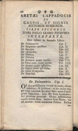Aretaei Cappadocis De Causis, Et Signis Acutorum Morborum. Liber Secundus