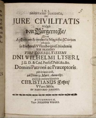 Dissertatio Iuridica, De Iure Civilitatis vulgo von Bürgerrecht