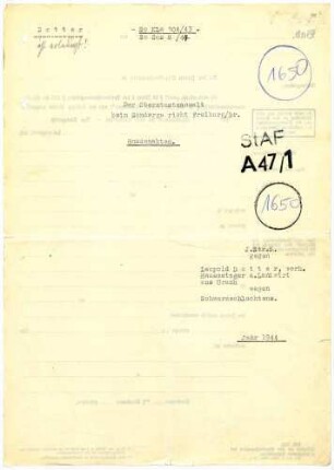 Angeklagte: Scherzinger, Bernhardine Anna (Bäuerin); Urach *04.05.1893 in Urach; + ? Dorer, Hermann Johann (Landwirt; Linach *15.06.1902 in Urach; + ? Dotter, Leopold (Hausmetzger); Linach *04.10.1875 in Urach; + ? Heine, Albin (Wegwart); Linach *15.06.1902 in Urach; + ? Delikt: Verbrechen gegen die Kriegswirtschaftsverordnung Schwarzschlachtung Tatort: Urach Tatzeit: Winter 1941-Juli 1943