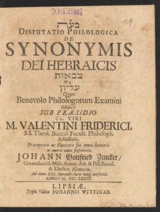 Disputatio Philologica De Synonymis Dei Hebraicis [...] & [...]