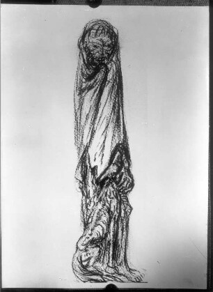 Hungersäule : Übungen der leichten Hand. Hungersäule. Kohlezeichnung; 42,2 x 19,8 cm (1935; E. Barlach). Güstrow, Heidberg 15. Atelier des Bildhauers