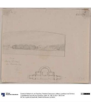 Potsdam-Sanssouci. Antikes Landhaus bei Schloss Charlottenhof. Ansicht und Grundriss