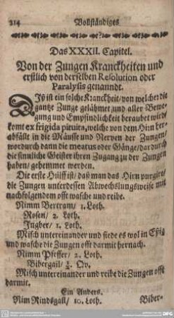 Das XXXII. Capitel. Von der Zungen Kranckheiten und erstlich von derselben Resolution oder Paralysis genanndt.