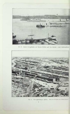 Kieler Kriegshafen mit Panzerschiffen und der Kaiserl. Jacht Hohenzollern. Rechts im Hintergrund die Kieler Schiffsbauwerft