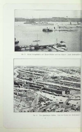 Kieler Kriegshafen mit Panzerschiffen und der Kaiserl. Jacht Hohenzollern. Rechts im Hintergrund die Kieler Schiffsbauwerft