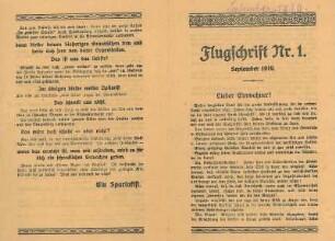 "Flugschrift Nr. 1 Sept. 1919" Antispartakistisches Flugblatt