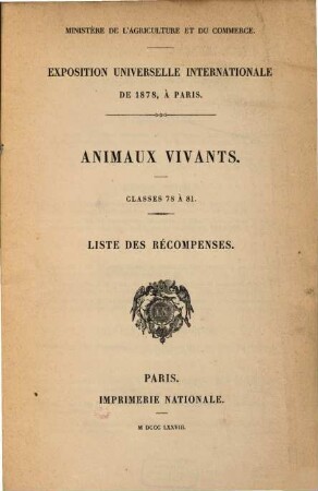 Animaux vivants. Classes 78 à 81 : liste des récompenses