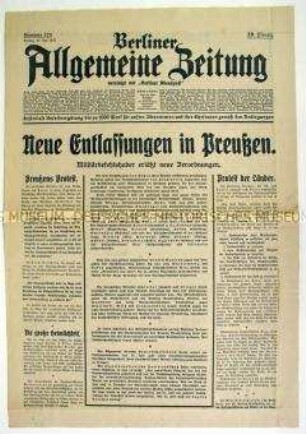 Tageszeitung "Berliner Allgemeine Zeitung" u.a. zur Entlassung preußischer Beamter