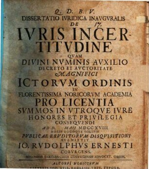 Diss. iur. inaug. de iuris incertitudine